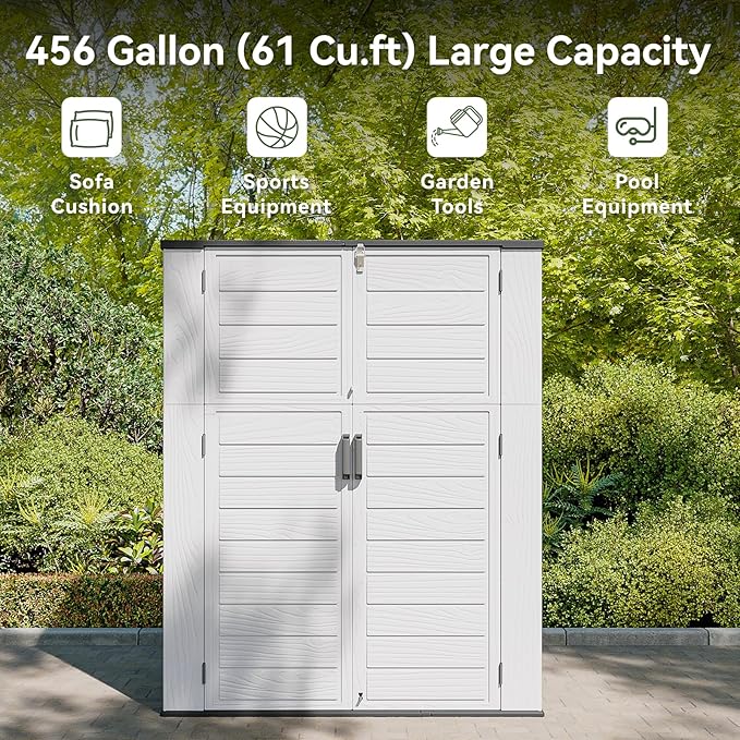 AOXUN Horizontal Storage Sheds 61 Cu.ft, HDPE Outdoor Storage Box 160 Gallon, Waterproof Lockable Resin Deck Box with Spring-Assisted Lid, Patio Storage for Garden, Pool, Cushions, Tools, White