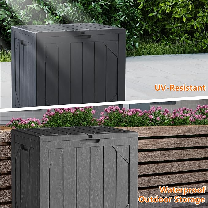 Outdoor Storage Deck Box Waterproof,30 Gallon Lockable Patio Package Delivery Bin as Seat, Resin Storage Container Bench for Furniture Cushions, Pool Accessories, Garden Tools, Grey