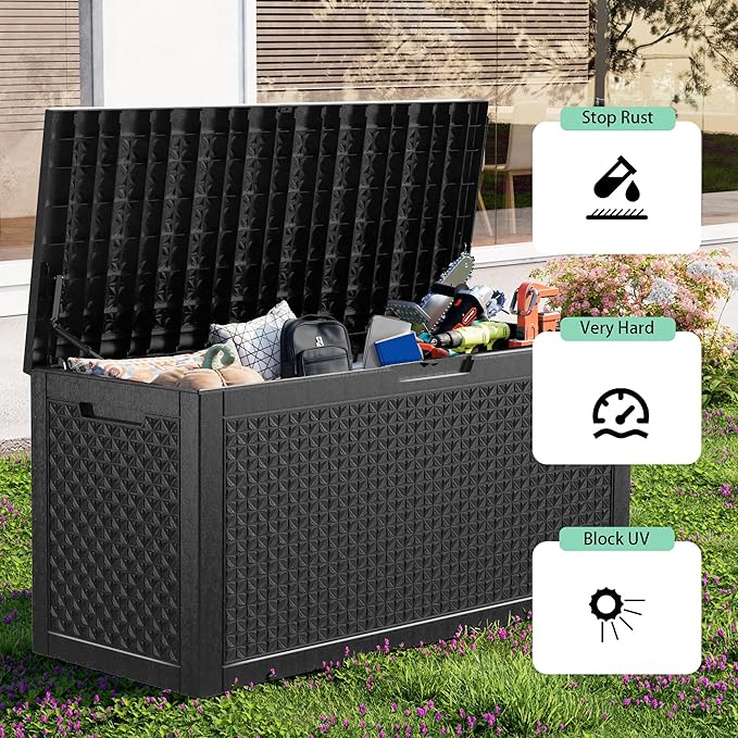 New 100 Gallon Outdoor Storage Box, Resin Deck Boxes Waterproof, Indoor Outdoor Bin for Package Delivery, Patio Cushions, Gardening Tools, Lockable, UV Resistant