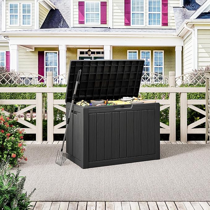 Oudoor Storage Deck Boxes Waterproof, Waterproof and UV Resistant Outdoor Storage Box Lockable Lid for Delivery Box, Indoor, Garden Tools, Pool Supplies, Patio (Black, 45 Gallon)