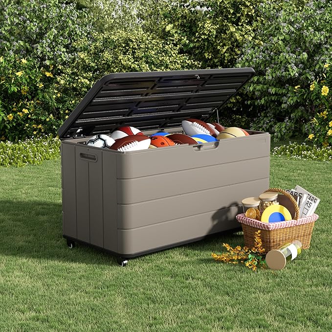 Outdoor Storage Deck Box Waterproof, 110 Gal Wheels Large Lockable Patio Storage Bin Chest, Resin Outside Container Seat Bench for Furniture Cushions, Pool Accessories, Garden Tools & Delivery, Brown