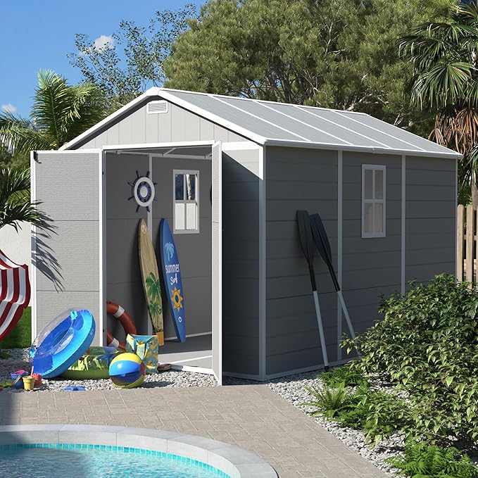UDPATIO Outdoor Storage Shed 7.5x10.7 FT, Grey & White Resin & Steel Shed with Lockable Door for Backyard, Patio, Lawn