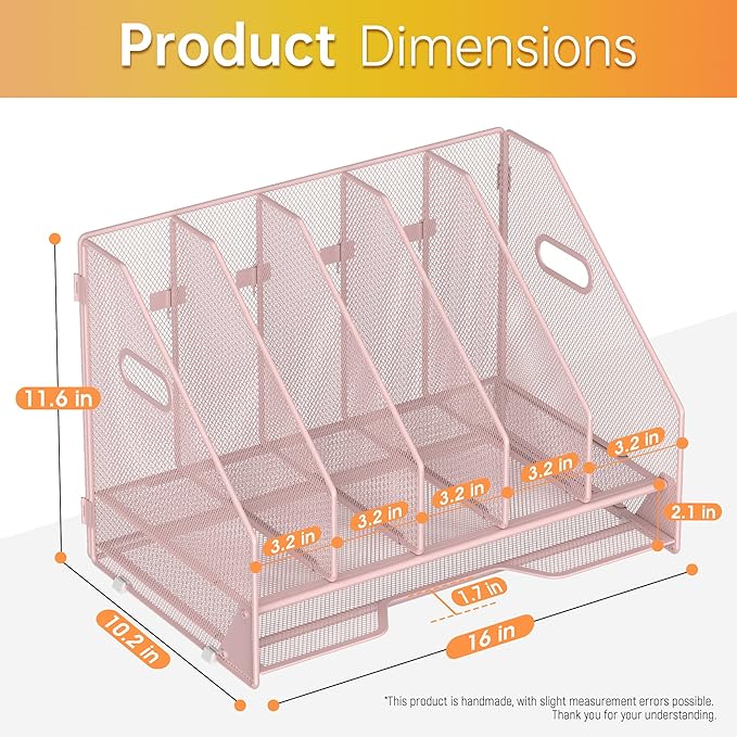 Docnest Desk File Holder Sorter, 5 Vertical Compartments Rack with Letter Tray, Mesh Magazine File Holder with Handle,Workspace Organizers,Desk Organizers for Paper, Mail, Documents-Pink