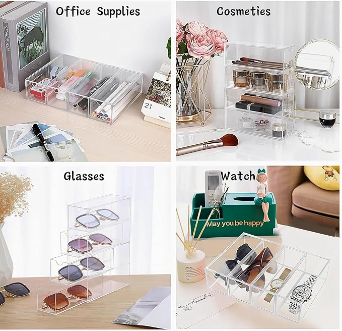KNC Acrylic Eye Glass Storage Organizer Box with 4 Clear Divided Drawers for Sunglasses Stackable Cosmetic Jewelry Makeup Tabletop Coffee Pod Display Organizer Holder（Clear