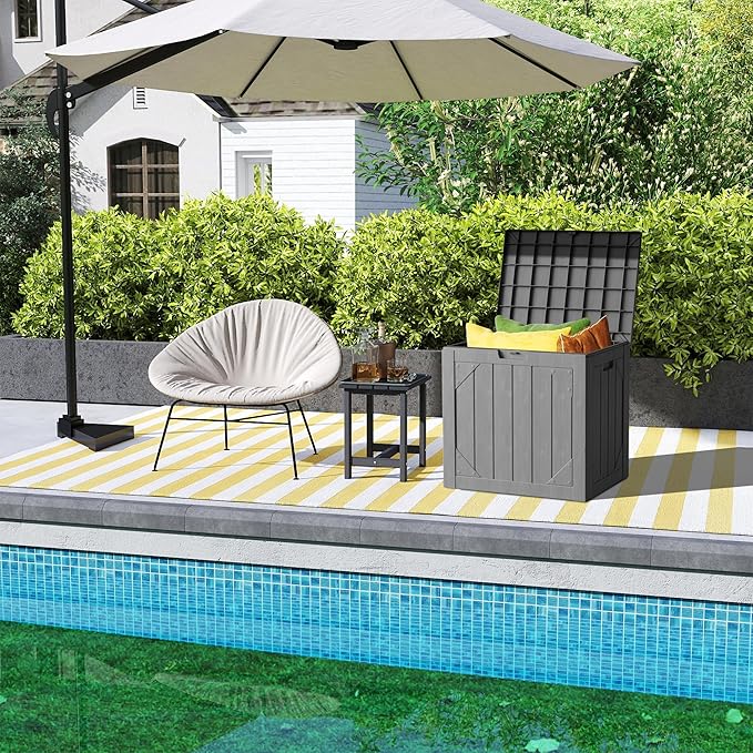 Outdoor Storage Deck Box Waterproof,30 Gallon Lockable Patio Package Delivery Bin as Seat, Resin Storage Container Bench for Furniture Cushions, Pool Accessories, Garden Tools, Grey