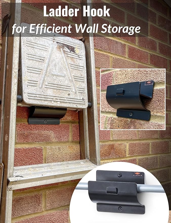 Ladder Hook - Black Heavy Duty Ladder Brackets for Garage Wall - Utility Hook for Wall Mount Ladder Storage, Folding Chair - Tool Holder to Organize Garage and Shed