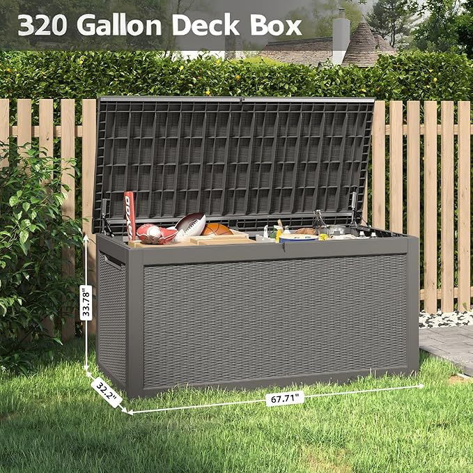 320 Gallon Outdoor Storage Box, Resin Deck Boxes Outdoor Waterproof For Patio Furniture, Garden Tools, Pool Supplies, Lockable And UV Resistant (Rattan Gray)