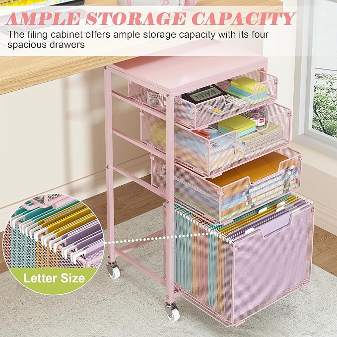4 Drawer Rolling File Cart Under Desk Storage, File Cabinets for Home Office, Mobile Filing Cabinet, Hanging File Organizer with Wheels, Utility Cart Printer Stand, Pink