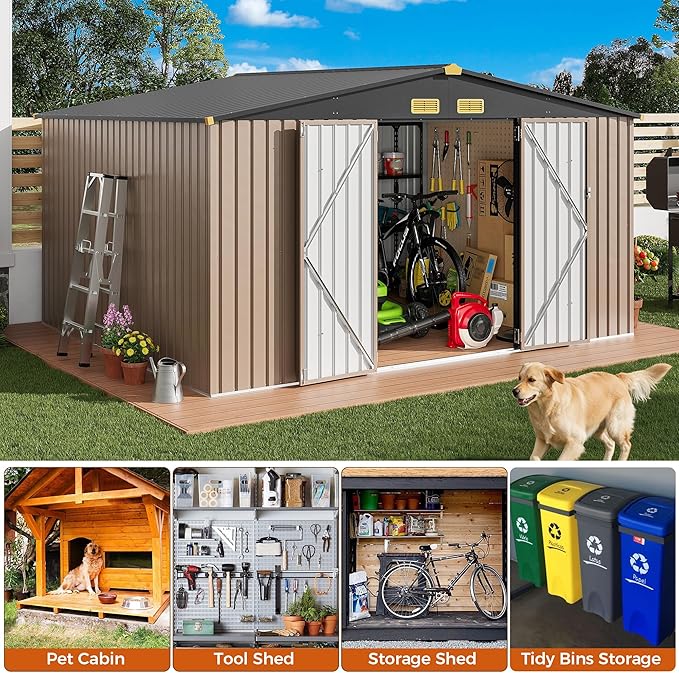 IRONCK 10x12FT Outdoor Storage Shed, Metal Garden Tool Shed with Breathable Vent and Lockable Doors, Outside Storage for Backyard, Poolside, Patio, Brown