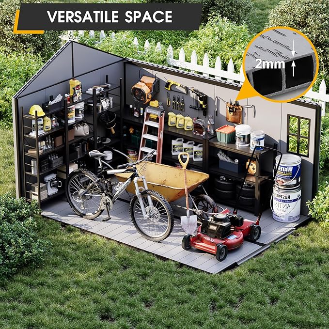 MELLCOM 8 x 12 FT Outdoor Resin Storage Shed with Floor, Garden Storage Shed with Windows and Lockable Door, Resin Tool Shed for Lawnmower,Pool Supply,Bike