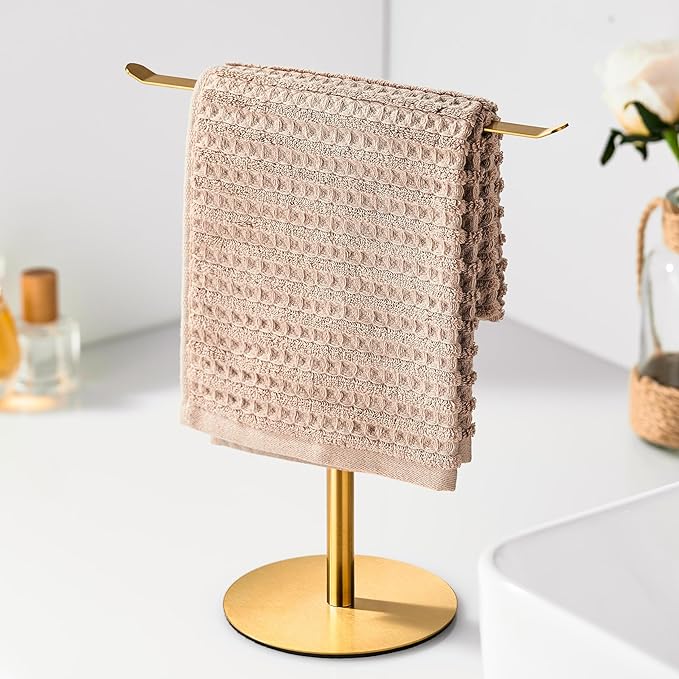 Gold Hand Towel Holder Stand – Countertop T-Shaped Stainless Steel Towel Rack with Non-Slip Base for Vanity and Kitchen