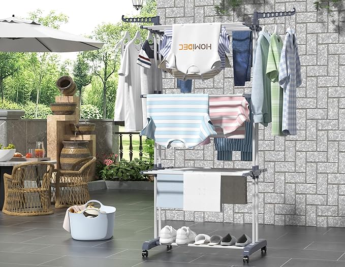 HOMIDEC Clothes Drying Rack, Oversized 4-Tier(67.7" High) Foldable Stainless Steel Drying Rack Clothing, Movable Drying Rack with 4 castors, 24 Drying Poles and 14 Hooks for Bed Linen, Clothing, Grey