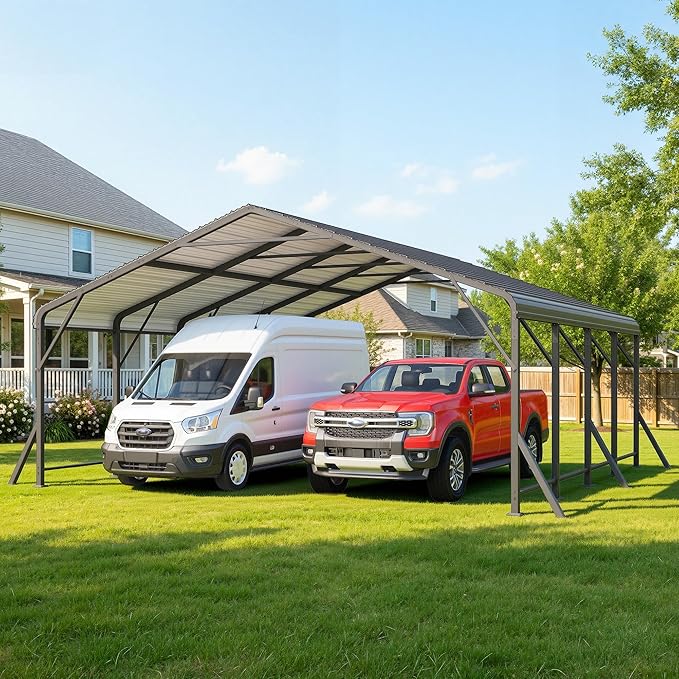 Wisteria Lane 20'x20' Metal Carport with Updated Roof & Enhanced Base, Heavy Duty Canopy Carport Garage, Vertaile for Car, Truck, Boat, Tractors, Party, Dark Gray