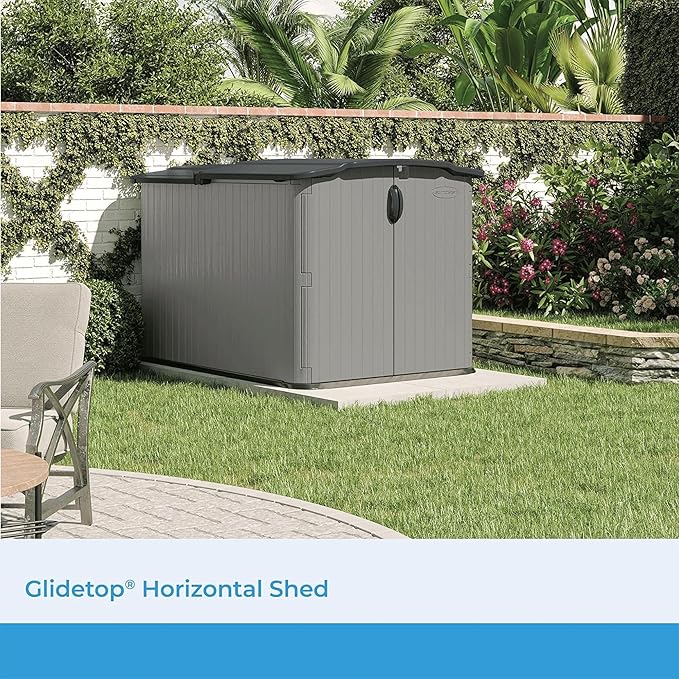 Suncast 138 Cu Ft Horizontal Outdoor Storage Shed, 57.5"x79.75"x52" Glidetop Outdoor Shed with Sliding Lid, Resin Storage Sheds with Floor for Bikes, Motorcycles, & Lawn Mower, Made in The USA