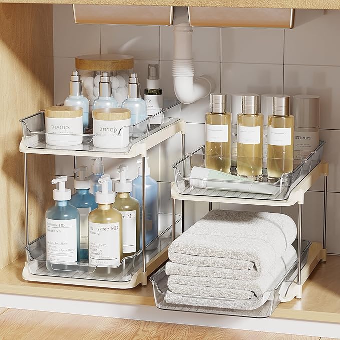 Delamu 2-Tier Multi-Purpose Bathroom Under Sink Organizers and Storage, Stackable Kitchen Pantry Organization, Pull Out Medicine Cabinet Organizer with Movable Dividers, Beige, 2 Pack