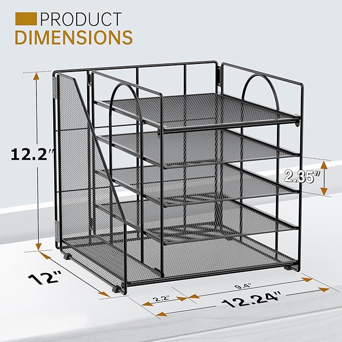 5 Tier Desk Organizer with Vertical File Holder, Desktop File Organizer for Office Home School, Black