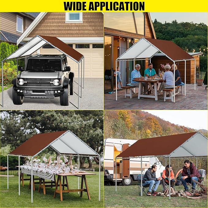 10 x 20 Ft Carport Replacement Canopy Cover Garage Top Tent Shelter Tarp with Free 48 Ball Bungee Cords,Brown (Only Cover, Frame Not Include)