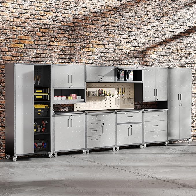 Garage Storage Cabinets System 10 PCS Workshop Set with Drawers Locking Heavy Duty Rolling Cart with Adjustable Shelves Garage Tool Workbench Cabinets (10 PCS)