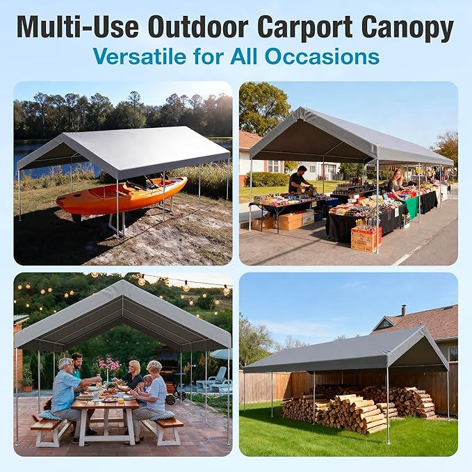12x20 FT Carport Replacement Canopy Top Upgraded Car Port Canopy Cover for Carport Party Tent Waterproof & UV Protected, Easy Installation with Ball Bungees, Grey (Top Cover Only, Frame Not Included)