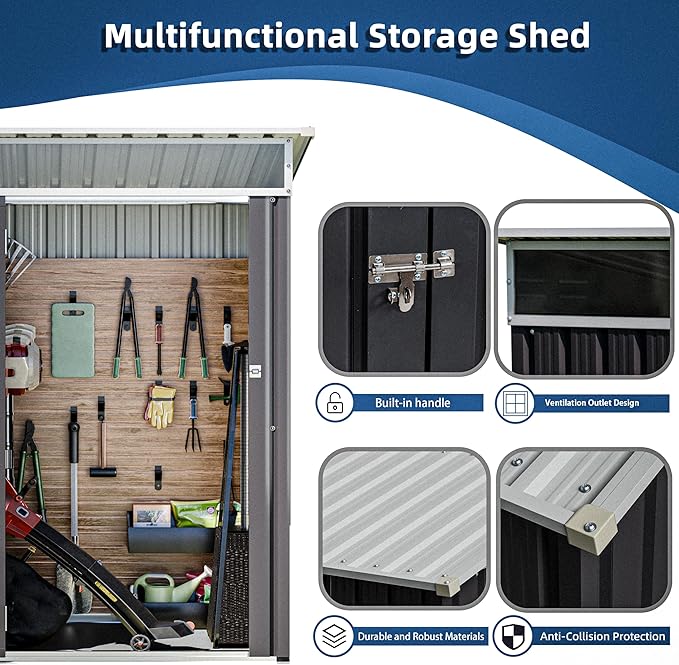 JY QAQA 6x4 FT Metal Outdoor Garden Storage Shed, Waterproof Metal Garden Sheds with Window and Lockable Double Door, Weather Resistant Steel Tool Storage House Shed for Patio, Lawn Dark Gray