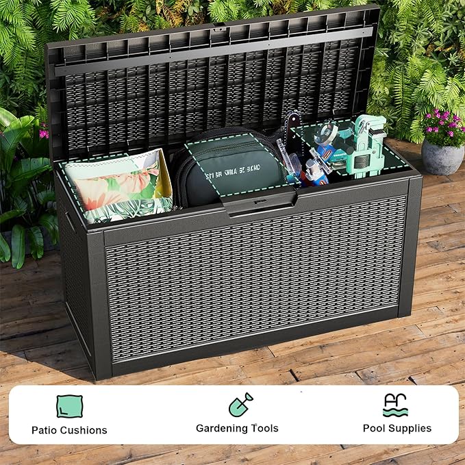 60 Gallon Waterproof Resin Deck Box, UV Resistant Outdoor Storage for Garden, Patio, Porch, Delivery（Black，60 Gallon）