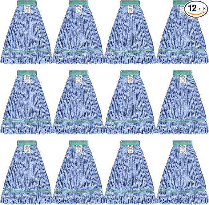 Onesimus 16 oz Mop Head Replacement, Industrial Mops for Floor Cleaning Heavy Duty 4-Ply Cotton Blend Looped End Wet Mop Refills 1.25 in Universal Headband, Medium Blue, Case Pack 12 Pcs