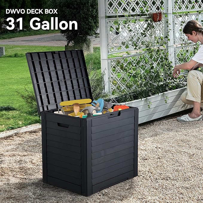 DWVO Louvered Large Deck Box, 35 Gallon Resin Outdoor Storage Box for Patio Furniture, Garden Tools and Pool Supplies, Lockable Lid and Side Handles, Waterproof and UV Resistant, Black