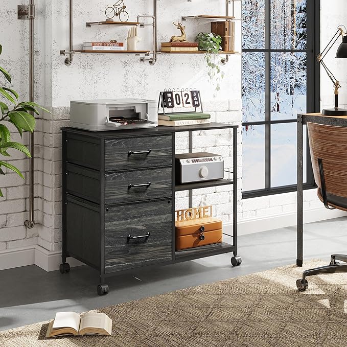 DEVAISE 3 Drawer File Cabinet, Mobile Filing Cabinet Rolling Printer Stand with Open Storage Shelf, Fabric Lateral Filing Cabinet fits A4 or Letter Size for Home Office, Charcoal Black Wood Grain