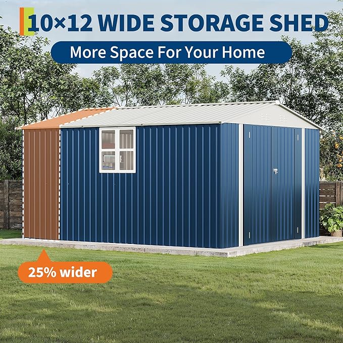 GarveeLife 10x12 FT Metal Storage Shed for Outdoor with Floor Frame&Clear Window,Steel Yard Shed with Design of Lockable Doors, Utility and Tool Storage for Garden, Backyard, Patio, Outside,Navy Blue