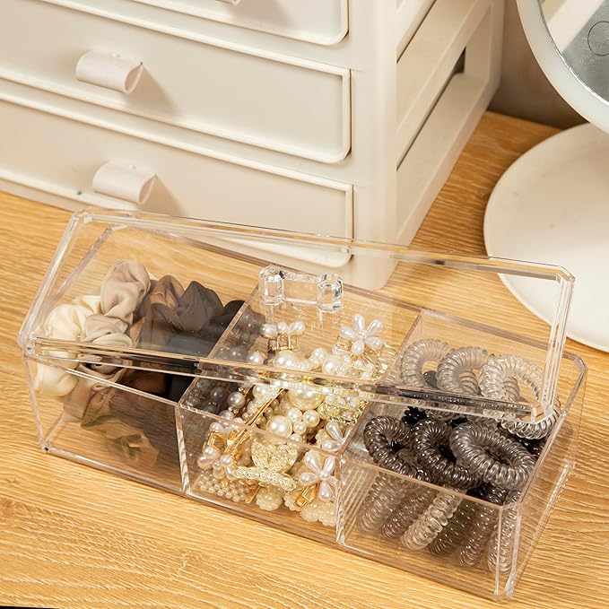 Hair Accessories Organizer for Girls, Acrylic Hair Tie Organizer for Headband, bows, Hair Clip, Cotton Swab Organization, Hair Clip Holder, 3 Compartments Hair Organizer Storage with Lid