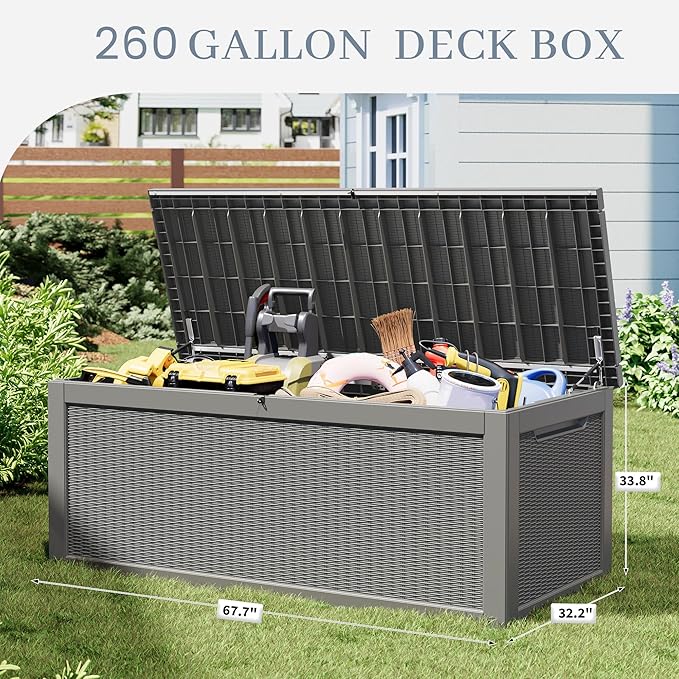 Outdoor Storage Deck Boxes Waterproof and UV Resistant Outdoor Storage Box Lockable Lid for Delivery Box, Indoor, Garden Tools, Pool Supplies, Patio (Grey, 260 Gallon)