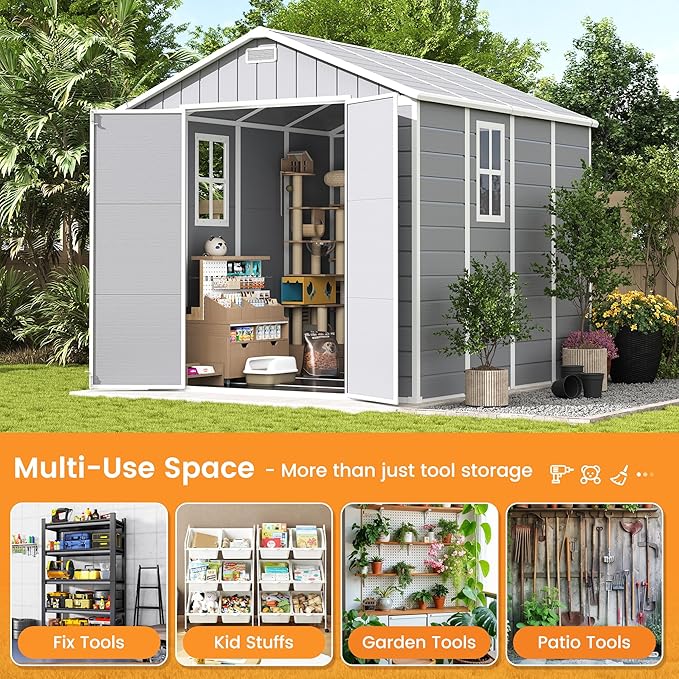 UDPATIO Storage Shed 8 x 8 FT, Resin Outdoor Outside Shed Clearance Sheds with Floor Included Plastic Solitude Cottage Shed She Sheds Buildings Garden Tool Shed with Lockable Door Garbage Gray White