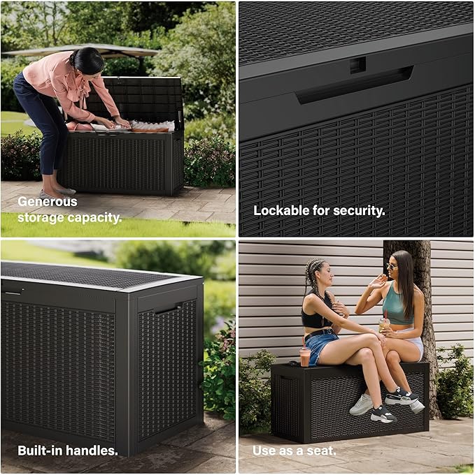 Outdoor Storage Box, 100 Gallon Resin Deck Box Waterproof for Patio Furniture, Garden Tools and Pool Accessories, Lockable UV-Resistant Storage Bin Bench Cabinet for Outside, Black