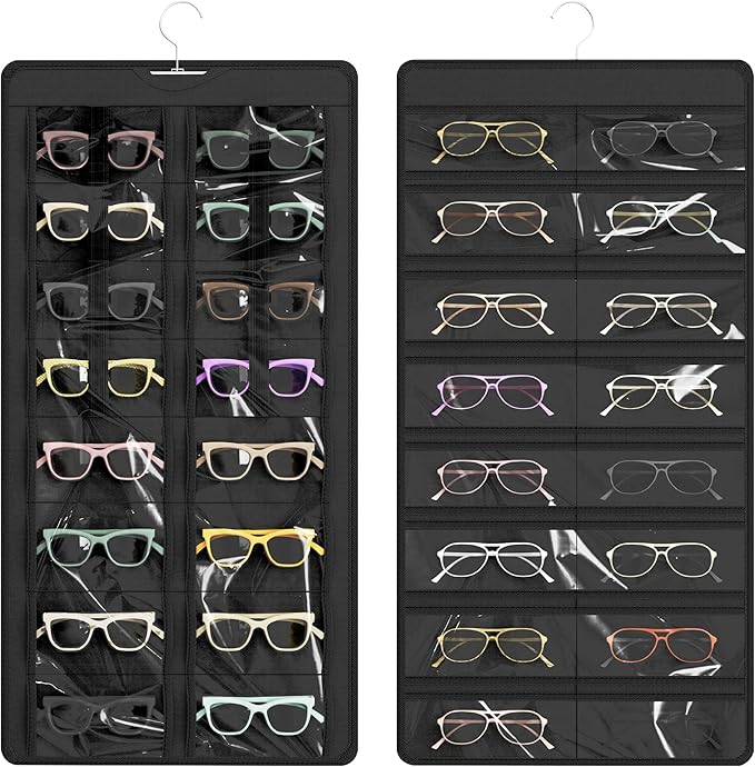 Hanging Sunglasses Organizer and Storage, Dual-Sided Sunglasses Case and Jewelry Holder, Wall-Mounted, 32 Clear Slots, Dust-Proof, Roof Design for Travel, Black