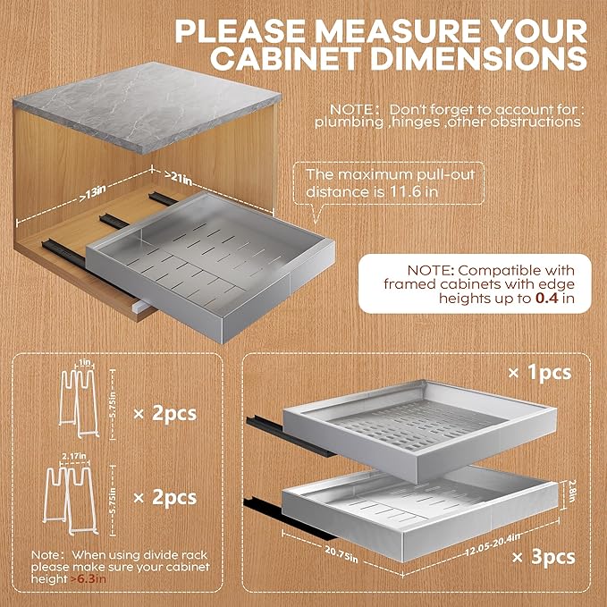 4Pack Expandable Pull Out Cabinet Organizer 21" Deep with Raising Pad for Framed Cabinets,Slide Out Drawers with 4pcs Divider Racks,Roll Out Shelves,Adjustable Width 12.05"-20.4" Silver