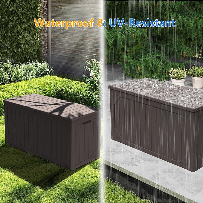 Outdoor Storage Box, 100 Gallon Resin Deck Box Waterproof for Patio Furniture, Garden Tools and Pool Accessories, Lockable UV-Resistant Storage Bin Bench Cabinet for Outside, Brown