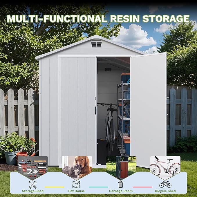 Greesum 6x8FT Plastic Outdoor Storage Shed with Floor, Resin Sheds with Lockable Double Door, Tool Sheds with Window and Vents, for Garden, Backyard, Patio, Light Gray