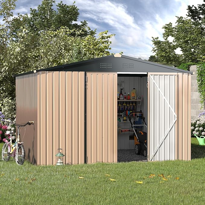 AECOJOY 8' x 10' Outdoor Storage Metal Shed, Steel Yard Garden Sheds & Outdoor Storage Clearance with Design of Lockable Doors, Utility and Tool Storage for Garden, Backyard, Patio, Outside use