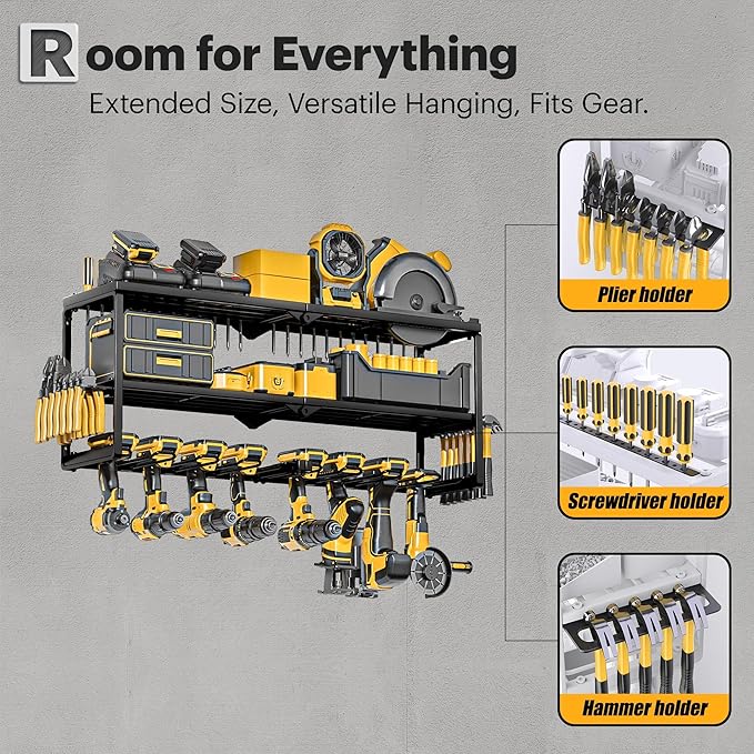Power Tool Organizer Wall Mount, 15 Min Assembly & Maximum 100lb load by Heavy Duty Metal, 8 Drill Holder, 3 Layers Garage organization and Storage Rack, Tool Shelf With Battery Holder