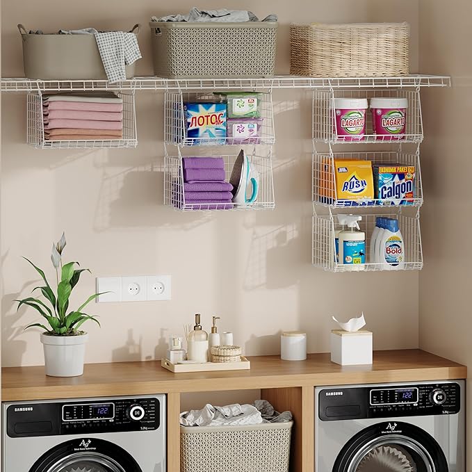 3-Tier Hanging Laundry Basket Organizer：Foldable Wire Shelf Laundry Room Organizer with 360°Rotating Hooks Small Space Solutions Closet Hanging Organizer - Laundry Organization, White Patent