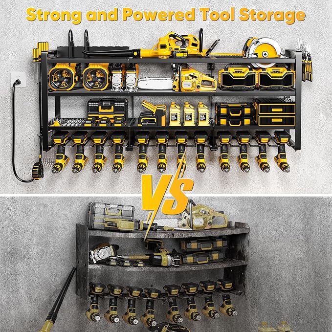 49.5" W Large Power Tool Organizer Wall Mount with Charging Station, 4 Tier Heavy Duty 12 Cordless Drills Holder Load 800 lb, Tool Battery Storage Rack Built in 8 Outlet Power Strip for Garage