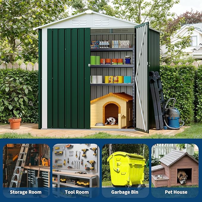 6x4 FT Outdoor Storage Shed, Garden Tool Storage Shed with Sloping Roof and Double Lockable Door, Outdoor Sheds with Panel Protection for Backyard Garden Patio Lawn