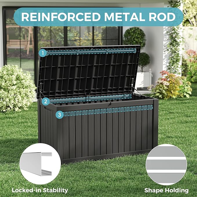 Oudoor Storage Deck Boxes Waterproof, Waterproof and UV Resistant Outdoor Storage Box Lockable Lid for Delivery Box, Indoor, Garden Tools, Pool Supplies, Patio (Black, 180 Gallon)