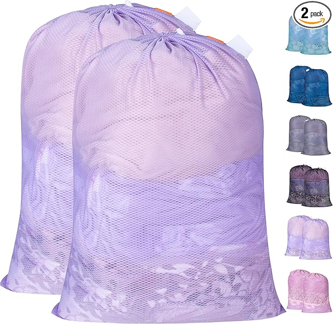 Polecasa Heavy Duty Large Mesh Laundry Bags with ID Tag and Locking Drawstring Closure - 2 Pack, 24 x 36 inches - Laundry Hamper Liner, Washable Laundry Bag for Travel, Sports, Dorms (Purple)