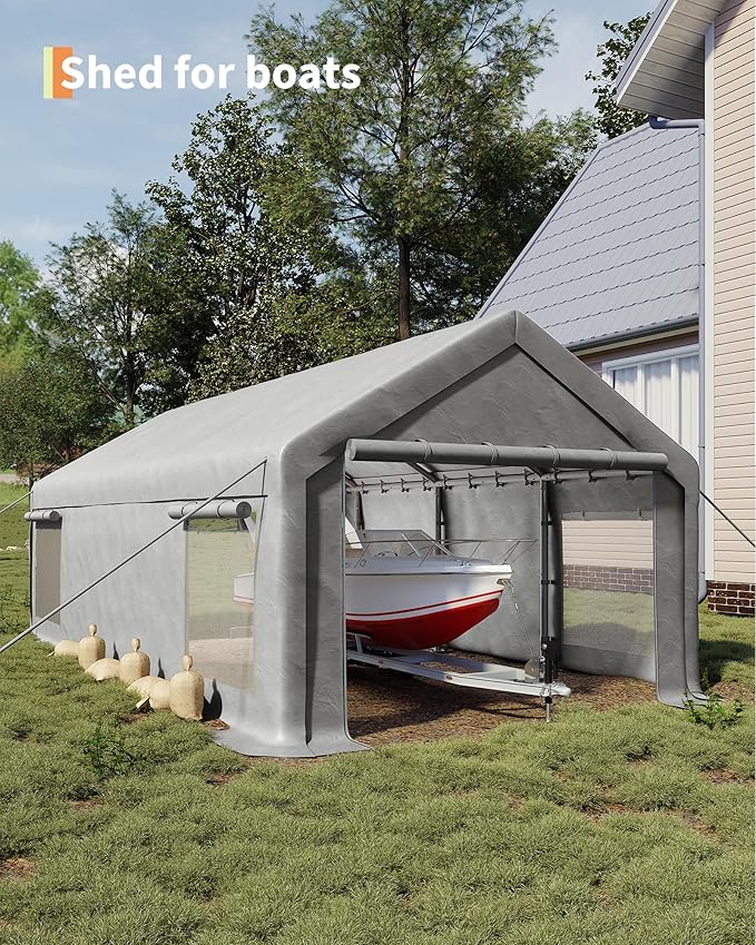 GarveeLife 13x25 ft Portable Garage, Car Port with 220 g PE Tarp Cover, with Front & Rear Roll-Up Doors and 4 Windows, for Temporary Paint Booth, Boats&Pickups Shed, and Event Shelter, White