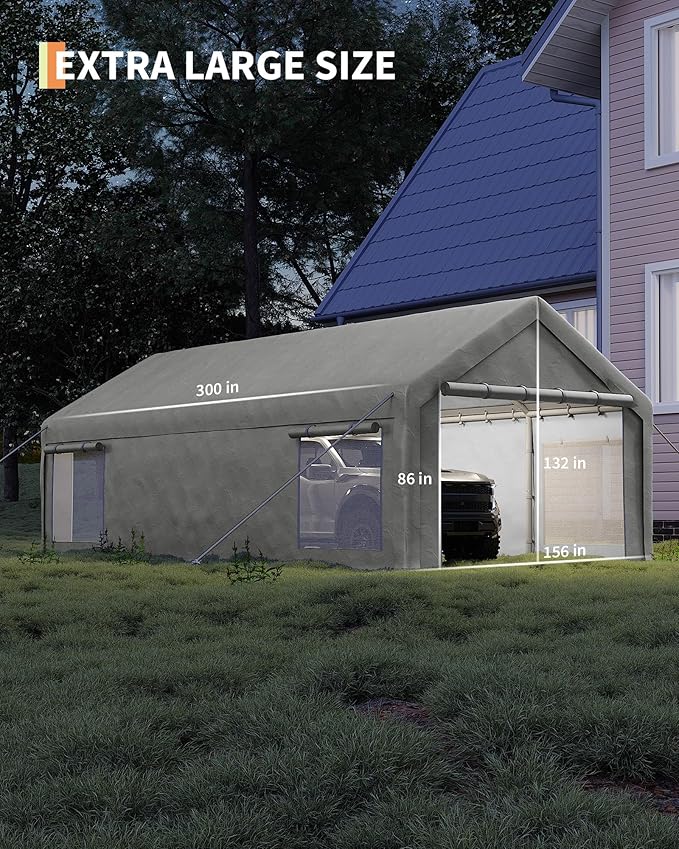 GarveeLife 13x25 ft Portable Garage, Car Port with 220 g PE Tarp Cover, with Front & Rear Roll-Up Doors and 4 Windows, for Temporary Paint Booth, Boats&Pickups Shed, and Event Shelter, White