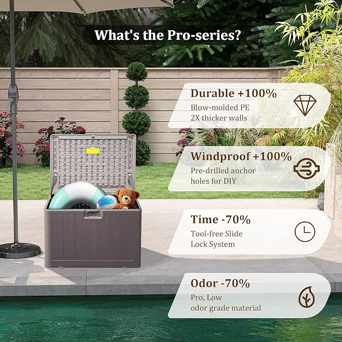 Outdoor Storage Deck Box Waterproof, 110 Gal Wheels Large Lockable Patio Storage Bin Chest, Resin Outside Container Seat Bench for Furniture Cushions, Pool Accessories, Garden Tools & Delivery, Brown