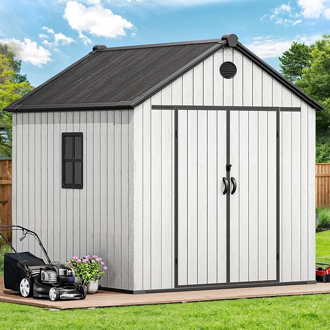 YITAHOME 8X8 ft Outdoor Plastic Storage Shed with Floor, 16mm Extra Thick Waterproof Garden Shed with Vision Window, Lockable Door & Vents, Heavy Duty Tool Storage for Patio, Lawn Mower, Bike, Gray