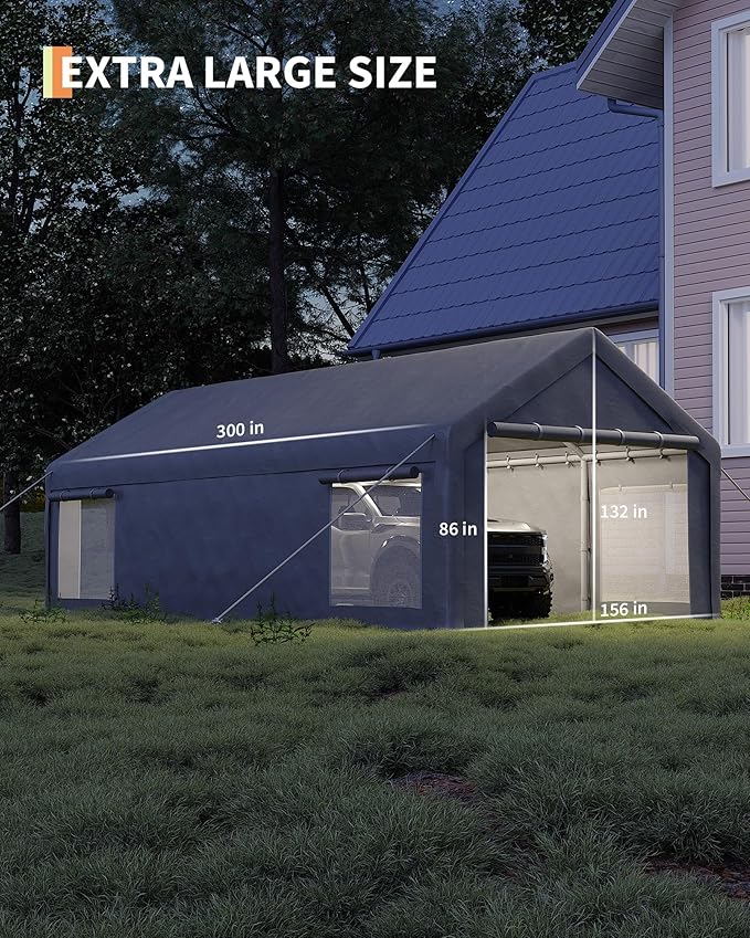 GarveeLife 13x25 ft Portable Garage, Car Port with 220 g PE Tarp Cover, with Front & Rear Roll-Up Doors and 4 Windows, for Temporary Paint Booth, Boats&Pickups Shed, and Event Shelter, Gray