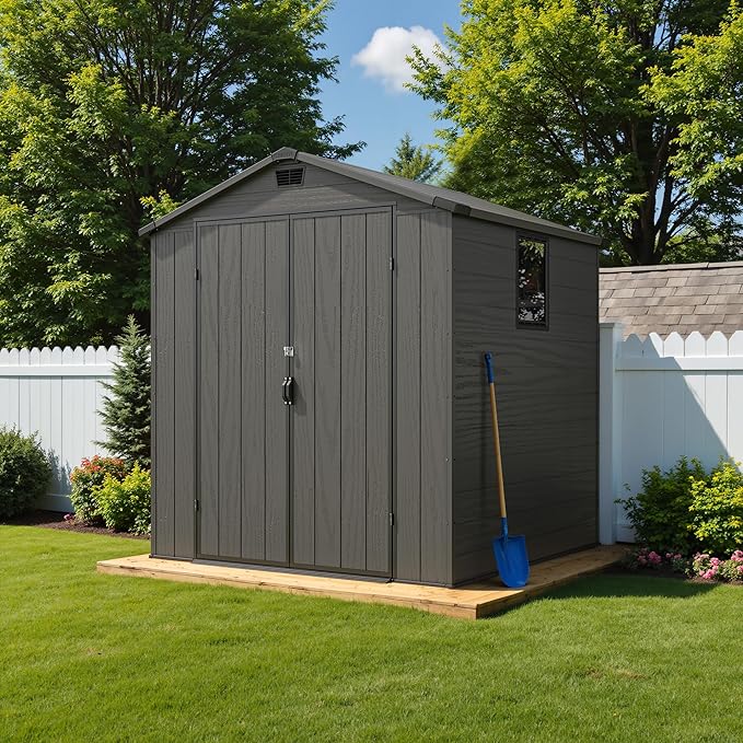 Greesum 6x6FT Plastic Outdoor Storage Shed with Floor, Resin Sheds with Lockable Double Door, Tool Sheds with Window and Vents, for Garden, Backyard, Patio, Dark Gray